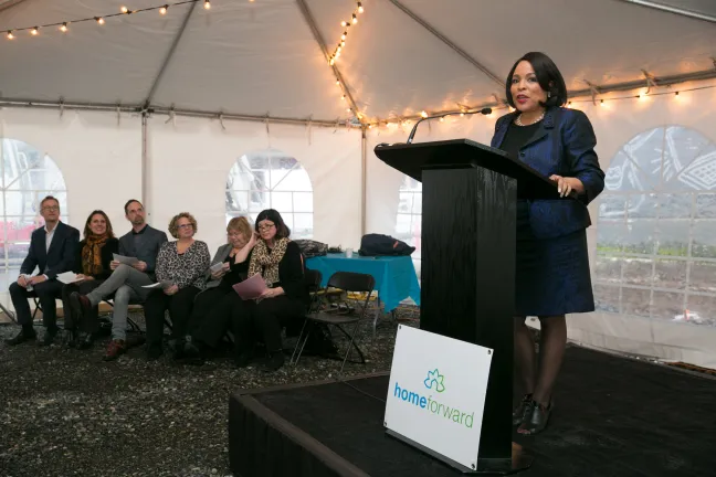 Chair Deborah Kafoury speaks at groundbreaking for Portland's Block 45, an affordable housing complex in the heart of the Lloyd District