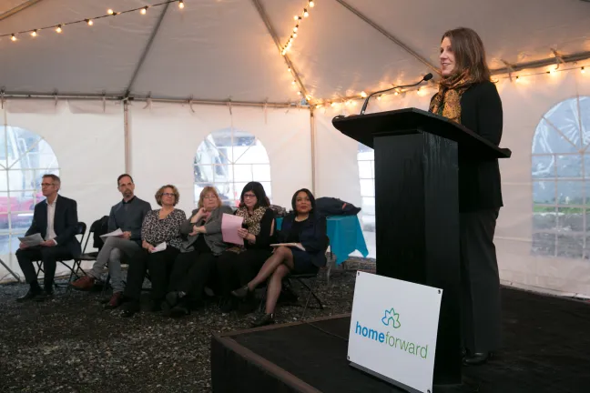 Chair Deborah Kafoury speaks to guests at groundbreaking for Block 45, an affordable housing complex in the heart of the Lloyd District
