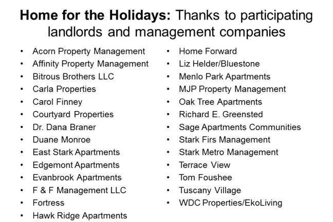 Landlords and property companies that have participated in Home for the Holidays.