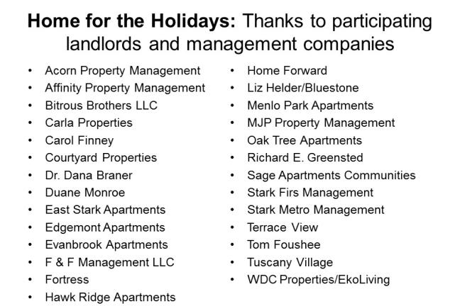 Landlords and property companies that have participated in Home for the Holidays.