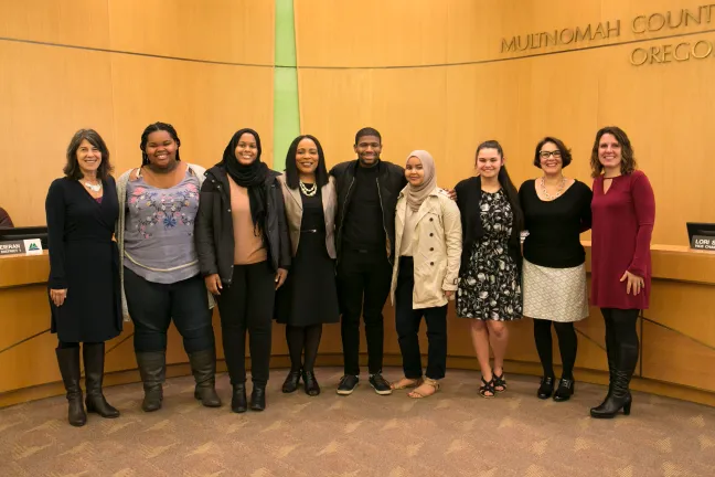 From Left: Commissioner Sharon Meieran; MYC 's Antonia McSwain; MYC's Ahlam Osman, Commissioner Loretta Smith, MYC's LaShawn McCarthy, Balkhissa Noor; and Charity Dunlevy-Todd, Commissioner Jessica Vega Pederson and Chair Deborah Kafoury
