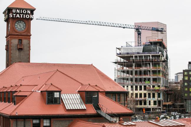 View of the new Health Headquarters from the Broadway Bridge.