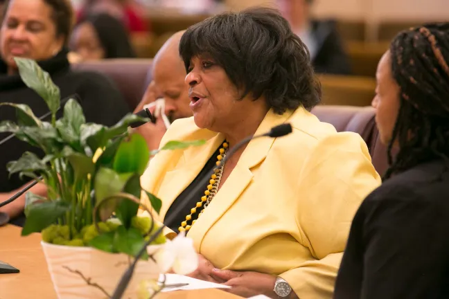Community leader Mariah Taylor addresses board during proclamation for Rev. Dr. W.G. Hardy