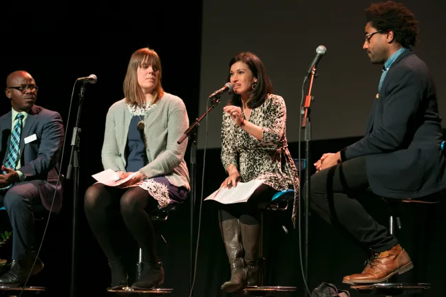 Patricia Rojas, director of El Programa Hispano Católico, speaks during as part of a panel discussion for SPARC on March 19, 2018.