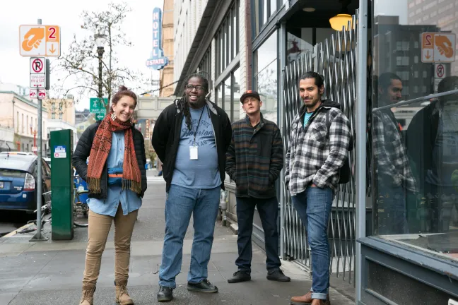 From left to right: Juliana DePietro, Hubert Mathews, Jason Sheffey, and Carlos Reynoso. Not pictured: LEAD® case managers Brennan Edwards and Michelle Courtney