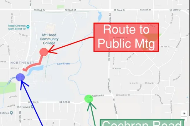 Map of Cochran Road, Kane Drive culverts and MHCC meeting venue.