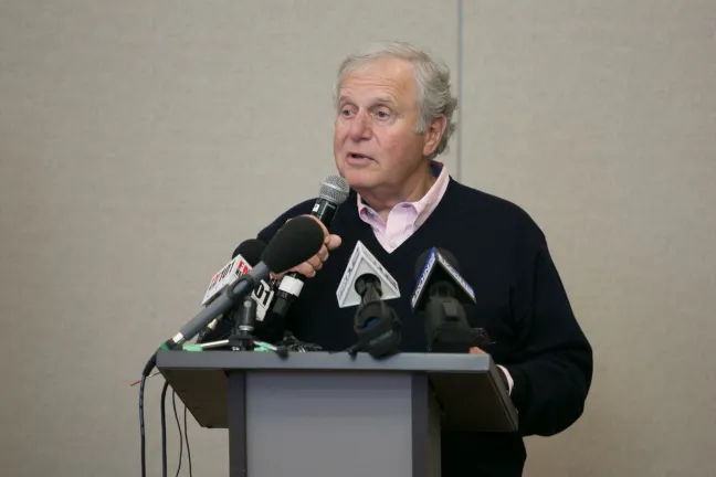 Tim Boyle, CEO of Columbia Sportswear, speaks at the Oregon Harbor of Hope shelter announcement April 10, 2018.