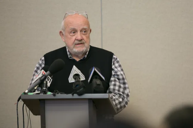 Homer Williams speaks at the Oregon Harbor of Hope shelter announcement April 10, 2018.