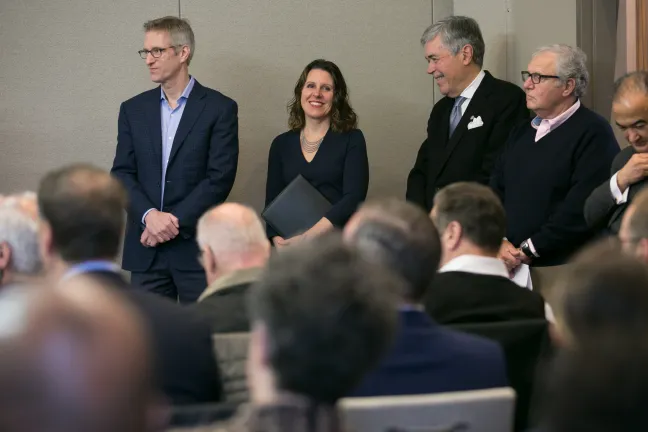 Mayor Ted Wheeler, Chair Kafoury, attorney Robert Stoll and others during the Harbor of Hope shelter announcement April 10, 2018.