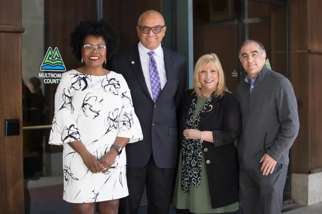 From left: newly appointed Multnomah County Department of Community Justice Deputy Director Erika Preuitt and Director Truls; newly appointed Director of the Department of County Human Services Peggy Brey and Deputy Director Mohammad Bader