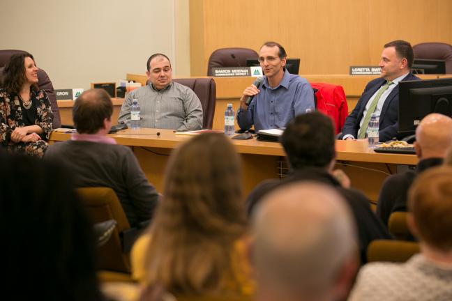 David Heslam, of Earth Advantage, answers a question while Chair Kafoury and fellow panelists look on. 