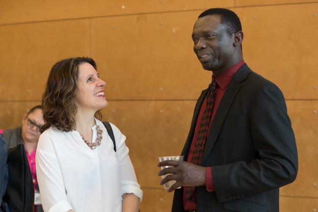 Chair Deborah Kafoury chats with Africa House director Djimet Dogo before a hearing on the county's 2019 budget