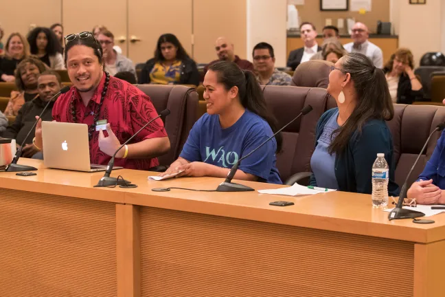Makerusa Porotesano, left, urged the board to fund a proposed health equity study within the County's Pacific Islander community.