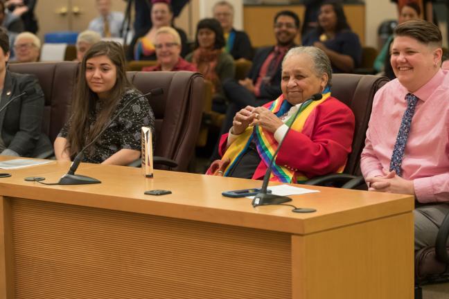 From left: Oregon State Representative Karin Power, Youth Commissioner Elexis Moyer, Kathleen Saadat and Scotty Scott of the Office of Diversity and Equity 