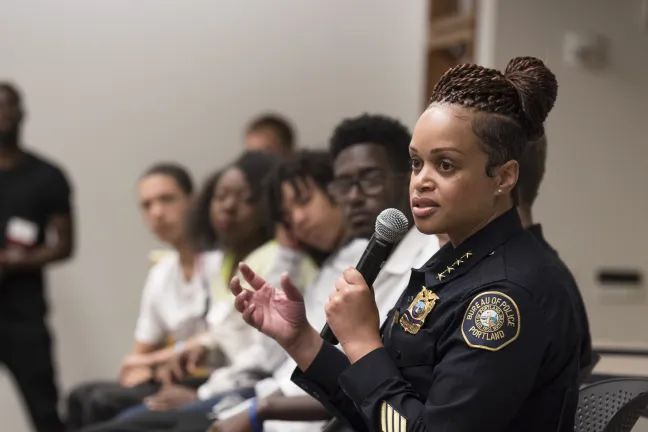 Chief Danielle Outlaw answers questions at Multnomah County Youth Mentoring event