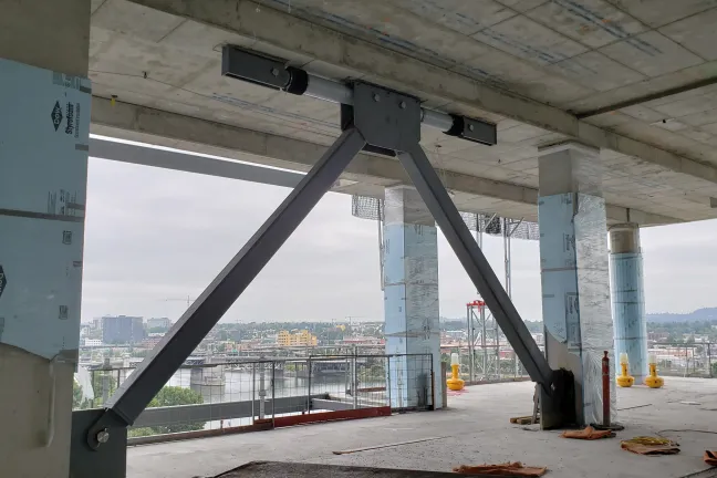 Viscous dampers or shock absorbers have been strategically placed on floors 8-17 to help dissipate energy from a seismic event.