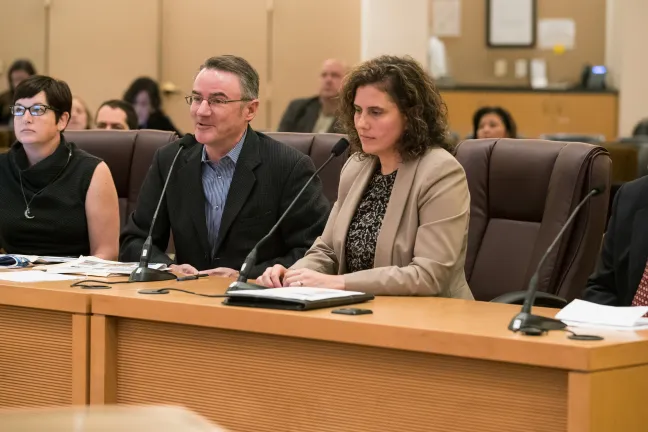 Earthquake Ready Burnside Bridge project team brief County Board (from left, Heather Catron, Mike Pullen, Megan Neill, Ian Cannon)