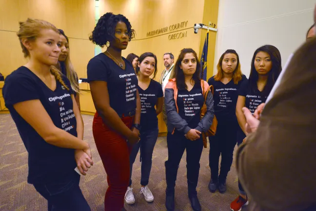 Members of the Beaverton High School's “Rebels for a Cause” program asked County in 2015 to regulate e-cigarettes