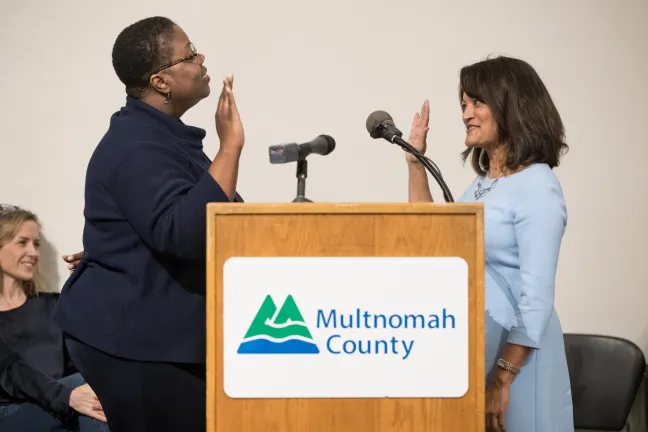Oregon Supreme Court Justice Adrienne Nelson swears in Commissioner Susheela Jayapal