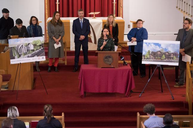 Chair Deborah Kafoury speaks at St. Mark's Lutheran Church, which is working with partners to locate supportive housing on its parking lot.