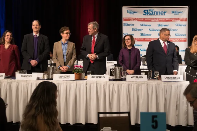 Chair Deborah Kafoury, Senator Ron Wyden, House Majority Leader Tina Kotek, Senator Jeff Merkley, Governor Kate Brown and King County Commissioner Larry Gossett.