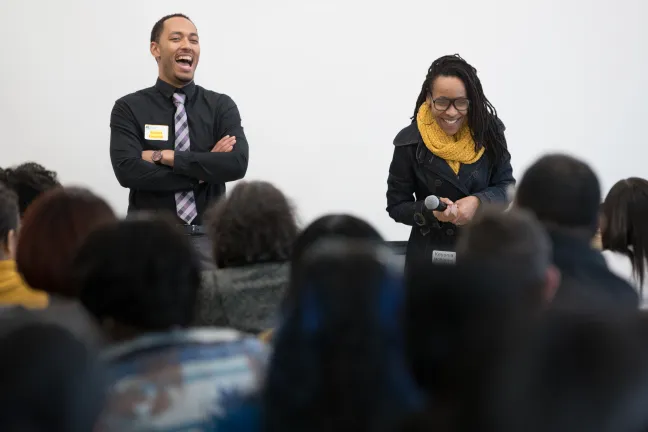 Consumer engagement coordinator Deandre Kenyanjui and therapist Keyonia Williams present during the African American town hall.