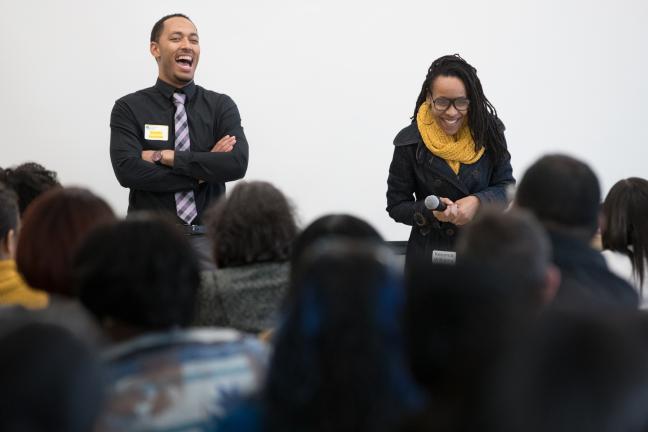 Consumer engagement coordinator Deandre Kenyanjui and therapist Keyonia Williams present during the African American town hall. 