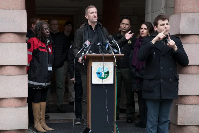 Mayor Ted Wheeler explains the County and Portland's severe weather plan for helping homeless neighbors Feb. 8.