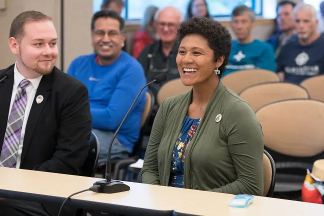 Roberta Eaglehorse-Ortiz, right, spoke about the power of the Future Generations Collaborative during a hearing on the 2020 budget