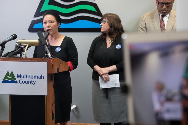 Commissioner Lori Stegmann was joined by Portland City Commissioner Chloe Eudaly and reps from Unite Oregon, Latino Network, the Coalition of Communities of Color and more.