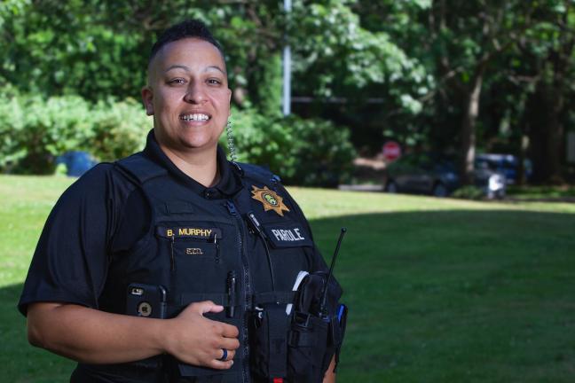 Parole and Probation Officer Brie Murphy poses for photo on Pretrial, Probation and Parole Supervision Week.