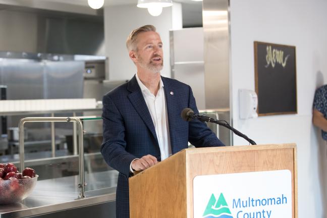 Mayor Ted Wheeler speaks at the Laurelwood Center open house Monday, Aug. 12, 2019.