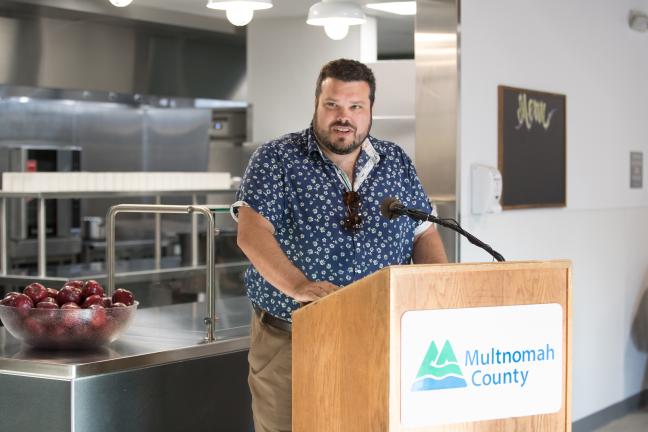 Matthew Mičetić speaks at the Laurelwood Center open house Monday, Aug. 12, 2019.