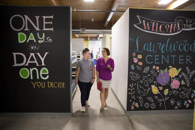 Stacy Borke, left, and Commissioner Jessica Vega Pederson inside the Laurelwood Center on Monday, Aug. 12, 2019.