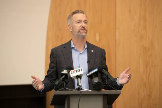 Mayor Ted Wheeler at the River District Navigation Center on Aug. 26, 2019.
