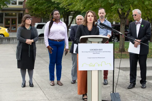 Chair Deborah Kafoury, front-center, speaks alongside Commissioner Chloe Eudaly, from left, Nkenge Harmon-Johnson, Ernesto Fonseca, Michael Buonocore and U.S. Rep. Earl Blumenauer on Thursday, Sept. 5, 2019.