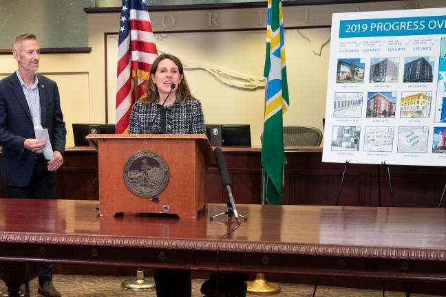 Chair Deborah Kafoury speaks alongside Mayor Ted Wheeler at Portland City Hall on Sept. 17, 2019.