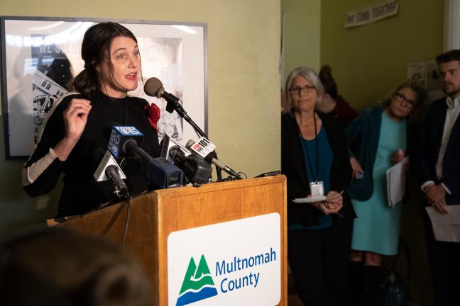 Kaia Sand speaks at a Street Roots news conference Wednesday, Sept. 25, 2019.