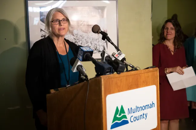Karen Kern speaks at a Street Roots news conference Wednesday, Sept. 25, 2019.