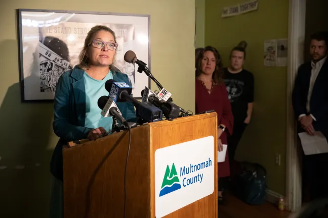Ashley Henry speaks at a Street Roots news conference Wednesday, Sept. 25, 2019.