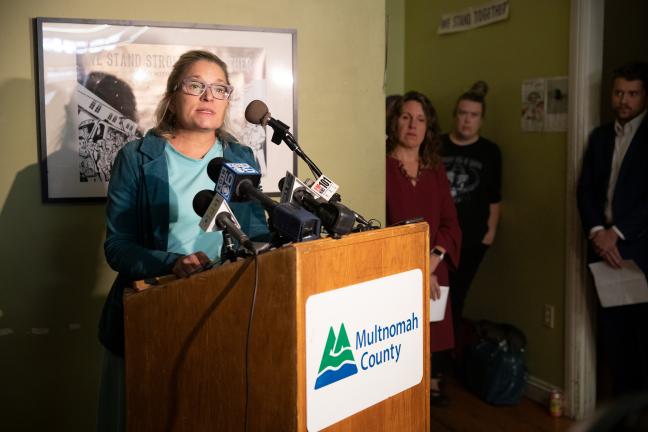 Ashley Henry speaks at a Street Roots news conference Wednesday, Sept. 25, 2019.