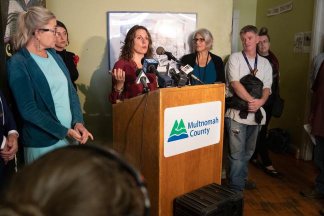 Chair Deborah Kafoury speaks at a Street Roots news conference Wednesday, Sept. 25, 2019.