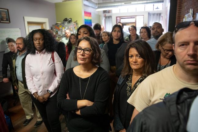 Commissioners Susheela Jayapal and Jessica Vega Pederson stand with service providers at a Street Roots news conference Wednesday, Sept. 25, 2019.