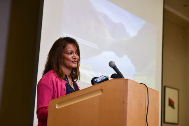Commissioner Susheela Jayapal speaks at a press event where Portland Street Response survey results were unveiled Thursday, Sept. 19, 2019.