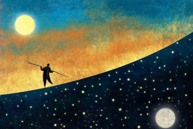 drawing of a person walking a tightrope between day and nighttime. 