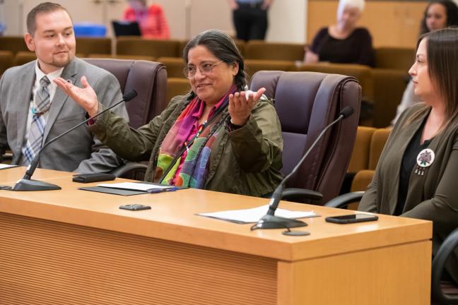 Oregon State Rep. Tawna Sanchez, who also serves as director of Family Services for the Native American Youth and Family Center, and is a member of the Shoshone-Bannock speaks before board.