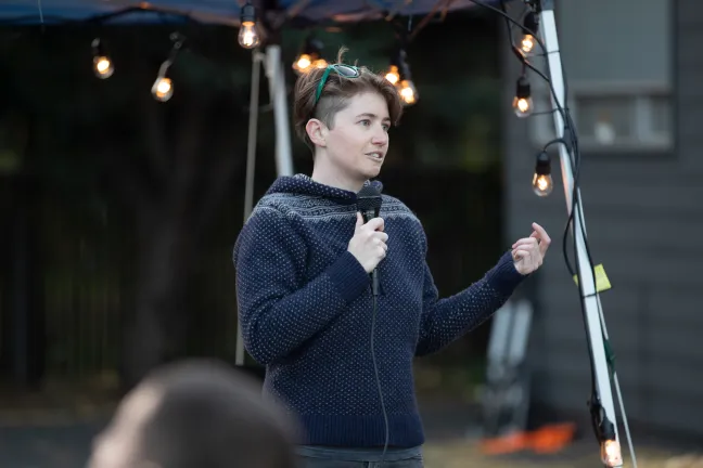 Kelly Fitzpatrick of the Mill Park Neighborhood Association speaks at the 2019 Wy'east Eat & Greet on Oct. 11, 2019.