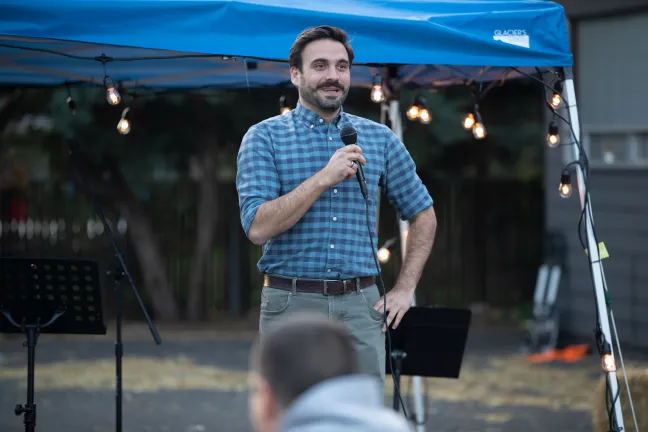 Sven Gatchev of the Community Investment Trust speaks at the 2019 Wy'east Eat & Greet on Oct. 11, 2019.