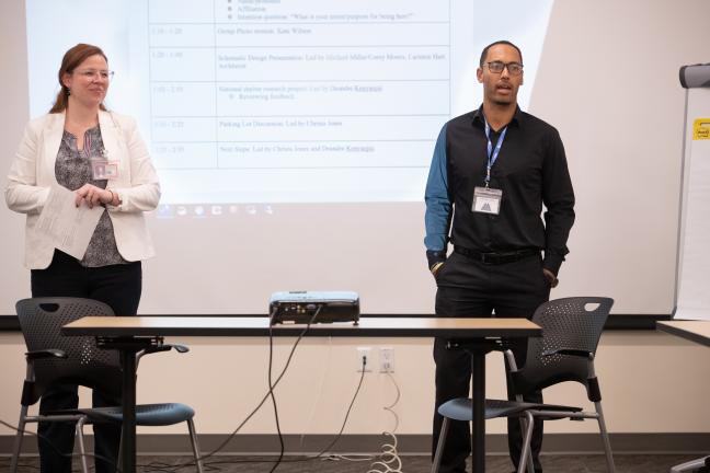 Stakeholder liaison Christa Jones, left, and coordinator in the Office of Consumer Engagement Deandre Kenyanjui facilitate meetings for the Multnomah County Mental Health and Addiction Services