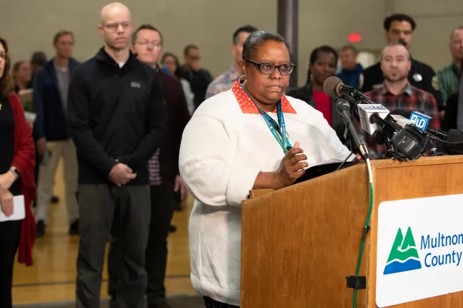 Kim James of Cascadia Behavioral Healthcare speaks at Imago Dei Church on Nov. 13, 2019.